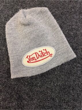 Von Dutch Gray Knit Beanie with Red Logo Patch